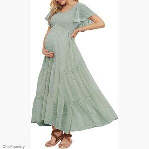 Swiss Dot Smocked Maternity Maxi Dress V-Neck Flutter Sleeves Boho